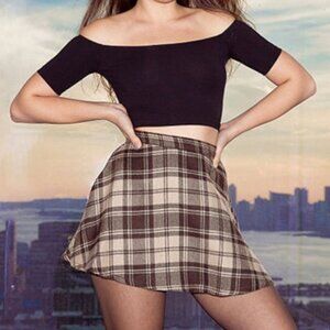 Vtg Y2K American Apparel Brown Beige Academia Plaid Skater Skirt Indie Sleaze
